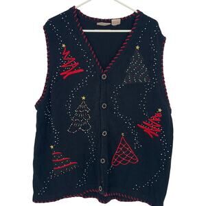 Basic Editions Holiday Vintage Black Knit Beaded Christmas Tree Sweater Vest 2X